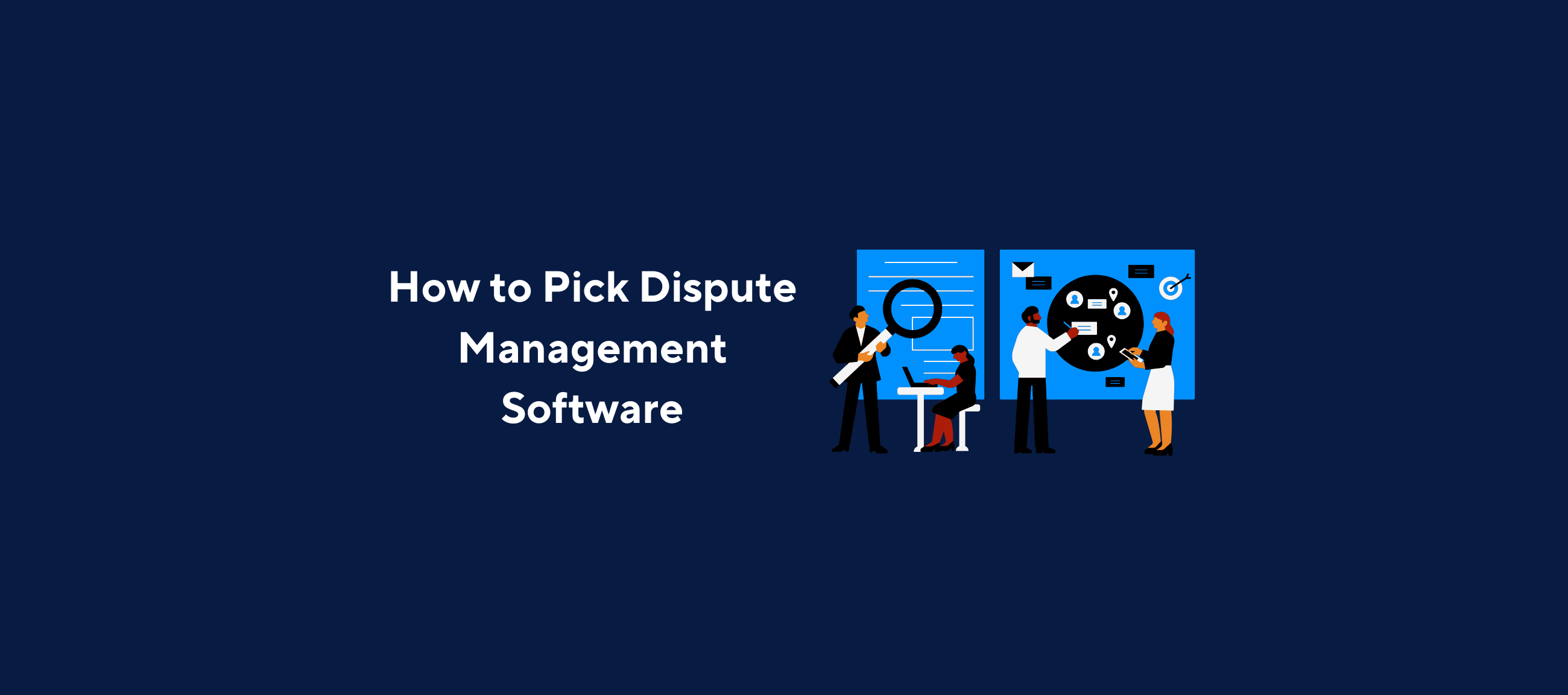 "Kolleno guide on choosing dispute management software, featuring illustrated finance team using digital tools for issue resolution."