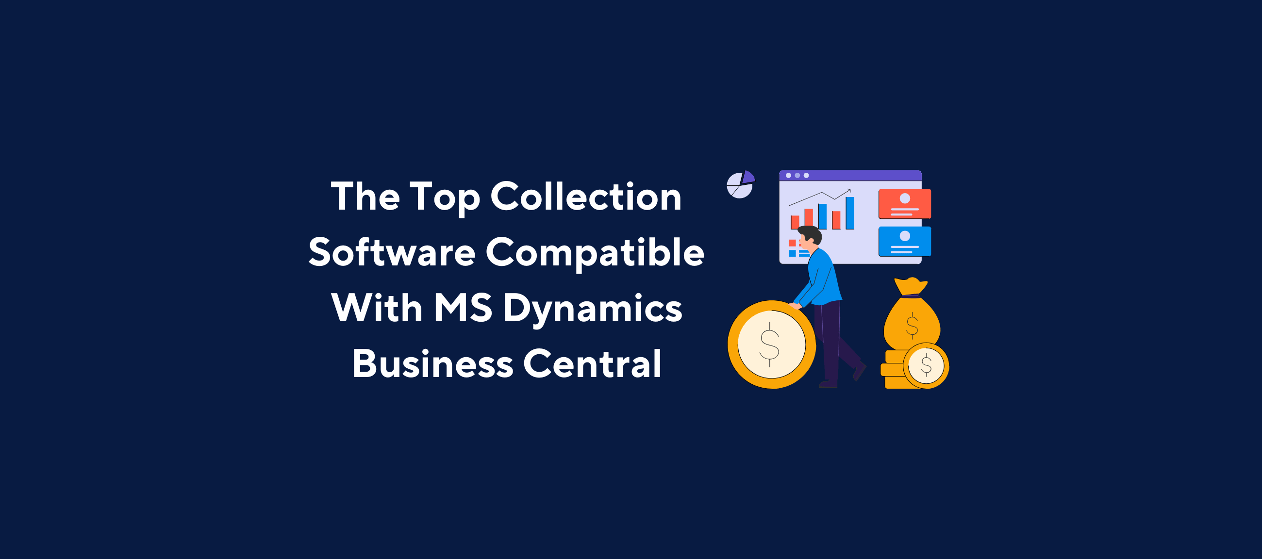 Illustration promoting top collection software compatible with Microsoft Dynamics 365 Business Central, featuring financial dashboard, coins, and user analytics